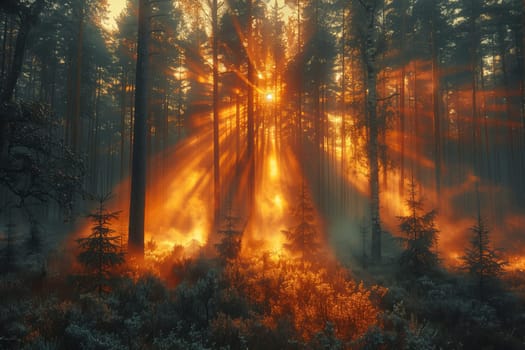 The sunlight filters through the trees in the forest, creating a beautiful natural landscape in the ecoregion. The warm atmosphere is filled with the scent of wood and the sound of birds chirping