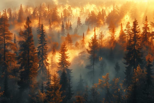 The suns rays are illuminating the forest trees, creating a warm atmosphere in the natural landscape. The light shines through the leaves and branches, casting beautiful shadows on the forest floor