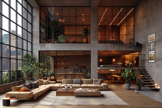 The living room features hardwood flooring, a couch, and plenty of windows that offer natural light. The room is adorned with plants, creating a cozy atmosphere