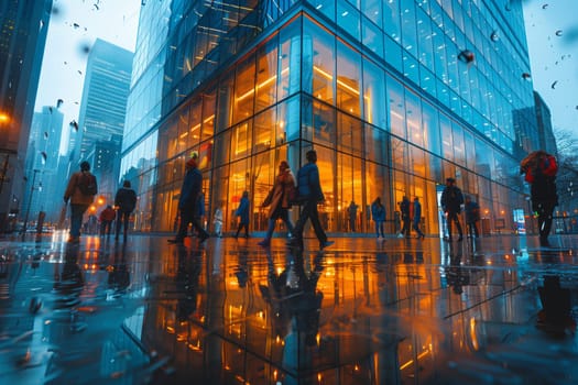 A group of people walks in front of a symmetric building with electric blue glass windows, reflecting the citys facade in the rain