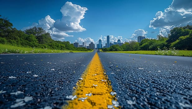 A vibrant yellow line painted on the asphalt road guides travelers through a serene natural landscape filled with lush green trees, grass, and clear blue skies