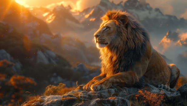A Felidae, carnivorous animal resembling a lion, lounges on a rocky outcrop, overlooking majestic mountains and fluffy clouds in a breathtaking natural landscape