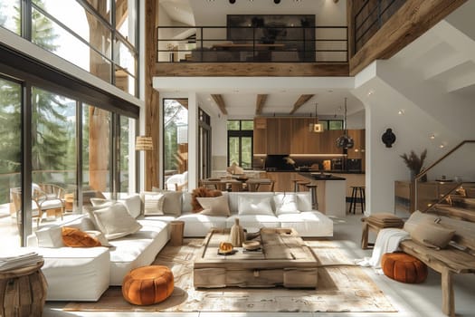 The living room in this house features an abundance of furniture and numerous windows, providing a bright and airy atmosphere. The wood flooring adds a touch of elegance to the interior design