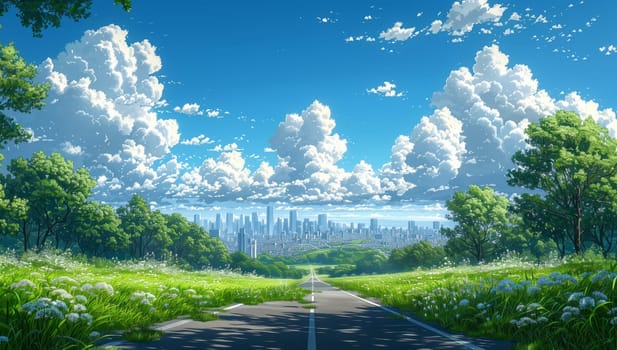A picturesque road cuts through a lush field with trees lining both sides, under a sky filled with fluffy cumulus clouds