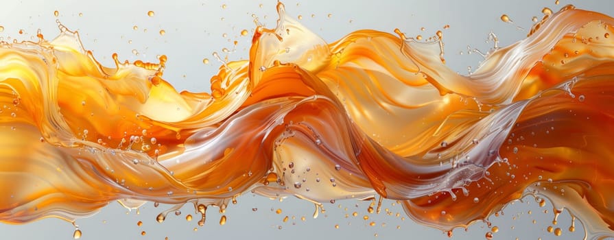 An artistic closeup of amber liquid splashing on a gray background, resembling the vibrant color of a peach. This culinary art could be an ingredient in a dish or a fashion accessory at an event