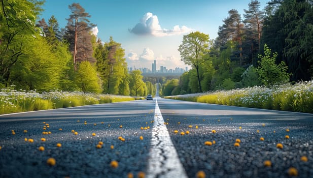 A vehicle is traveling on an asphalt road through a natural landscape with trees, grass, and a clear blue sky with sunlight shining through the branches