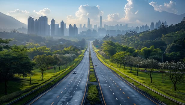 A highway cutting through a lush forest with a city silhouette in the distant horizon. Clouds dance in the sky above, creating a picturesque natural landscape
