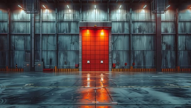 A spacious warehouse in the city with a striking red door, concrete flooring, and large windows for natural lighting. The building facade is made of glass, creating a modern look