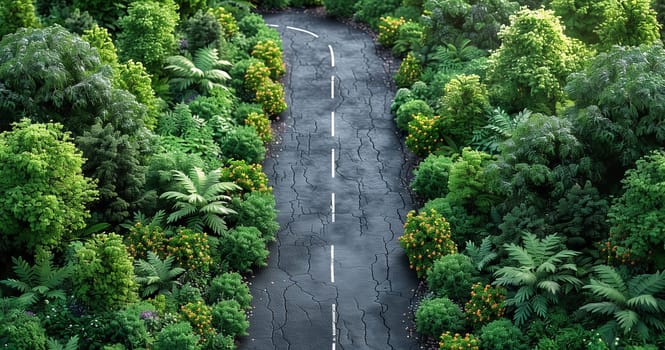 Aerial view of a road winding through a dense green forest, surrounded by lush vegetation including trees, plants, and grass, creating a beautiful natural landscape