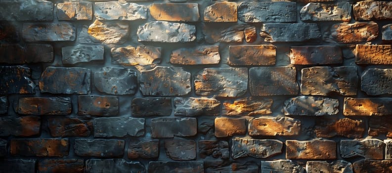 A close up of a brick wall with sunlight filtering through, showcasing the intricate pattern of the building facade against a backdrop of green grass and rock bedrock