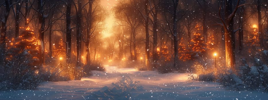 A picturesque scene of a trail winding through a snowy forest with Christmas trees against the sky. The natural landscape is like a painting, creating a magical atmosphere