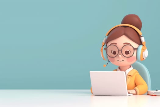 young woman working with laptop and headphones, Customer support, 3d illustration.