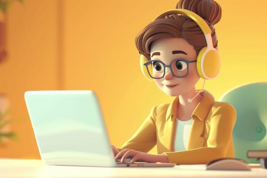 young woman working with laptop and headphones, Customer support, 3d illustration.