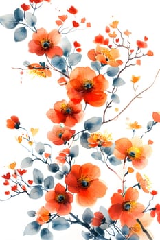 A beautiful watercolor painting featuring red flowers with orange petals and blue leaves on a white background, showcasing the artists talent in portraying plant life in a vibrant and artistic way