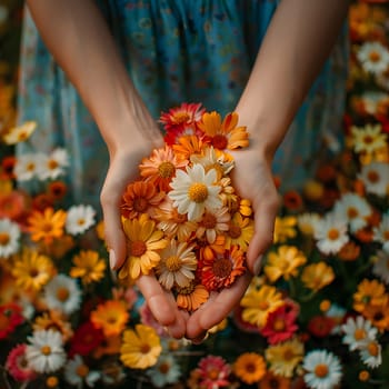 The woman is joyfully holding a vibrant bouquet of orange flowers in her hands. Each petal of the annual plants adds a touch of happiness to the flower arrangement