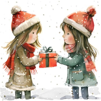 A little girl is joyfully handing a gift to another little girl on a snowy winter day, in a heartwarming gesture of friendship and happiness on Christmas Eve