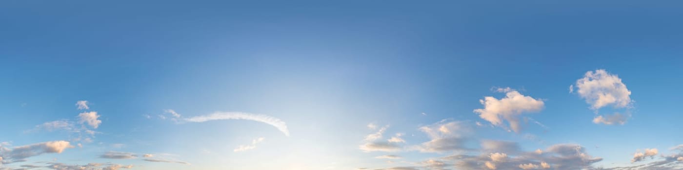 Dark blue sunset sky panorama with pink Cumulus clouds. Seamless hdr 360 pano in spherical equirectangular format. Full zenith for 3D visualization, game, sky replacement for aerial drone panoramas