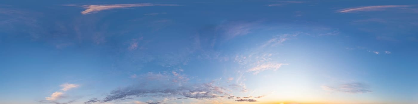 Dark blue sunset sky panorama with pink Cumulus clouds. Seamless hdr 360 pano in spherical equirectangular format. Full zenith for 3D visualization, game, sky replacement for aerial drone panoramas