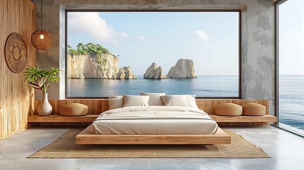 Minimalist bedroom interior with ocean sea view. Modern coastal interior. Summer, travel, vacation, dreams holiday, resort.