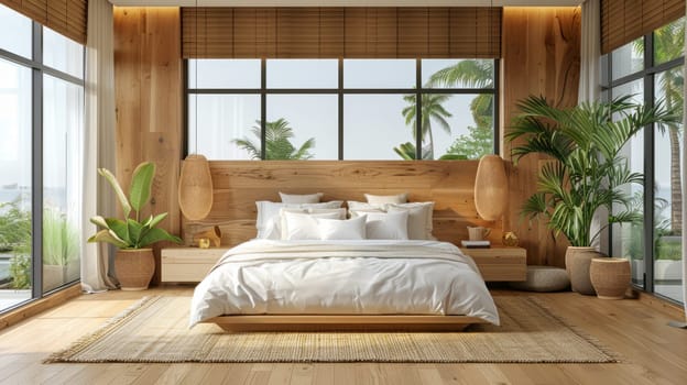 Minimalist bedroom interior with ocean sea view. Modern coastal interior. Summer, travel, vacation, dreams holiday, resort.