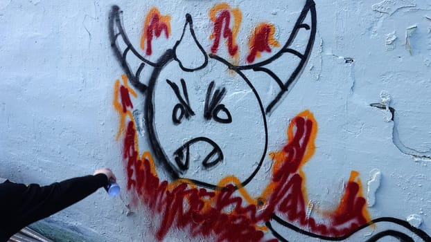 Stockholm, Snosatra, Sweden, May 08 2021. Graffiti exhibition on the outskirts of the city. Devil.