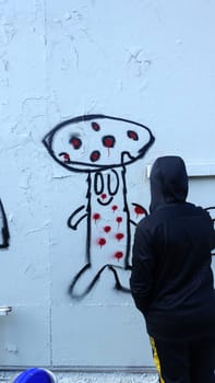 Stockholm, Snosatra, Sweden, May 08 2021. Graffiti exhibition on the outskirts of the city. Mushroom.