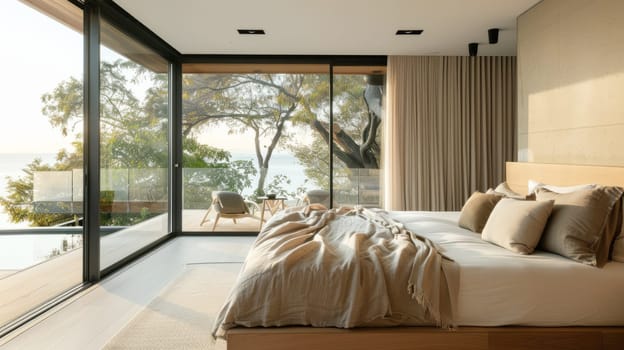 Minimalist bedroom interior with ocean sea view. Modern coastal interior. Summer, travel, vacation, dreams holiday, resort.