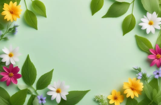 Summer background with leaves and small flowers on a delicate light green background. Place for text.