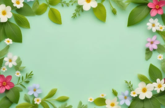 Summer background with leaves and small flowers on a delicate light green background. Place for text.