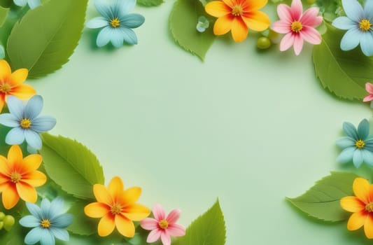 Summer background with leaves and small flowers on a delicate light green background. Place for text.