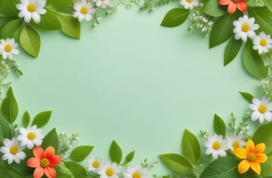 Summer background with leaves and small flowers on a delicate light green background. Place for text.