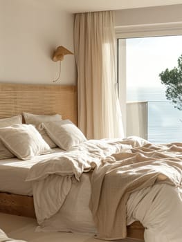 Minimalist bedroom interior with ocean sea view. Modern coastal interior. Summer, travel, vacation, dreams holiday, resort.