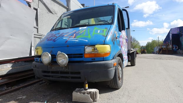 Stockholm, Snosatra, Sweden, May 23 2021. Graffiti exhibition on the outskirts of the city. Truck.