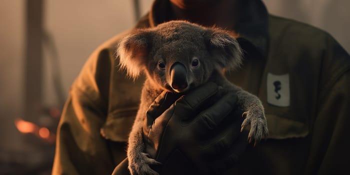 Fireman Holding Wild Koala Bear Child During Fire In Forest , Concept Nature Wild Life Saving