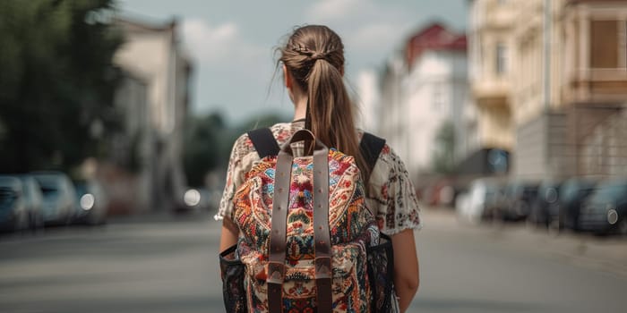 Young Girl With Stylish Backpack With A Embroidery On A Street , Back View
