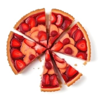 delicious strawberry and peach pie cut into pieces isolated on a white background, top view , generative AI