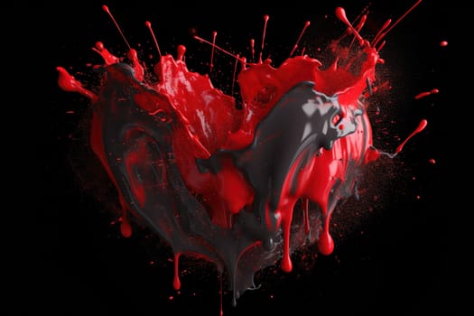 Black and red paint splashes form a heart shape, symbolizing deep passion and mystery, as they dramatically stand out against a dark black background. , generative AI