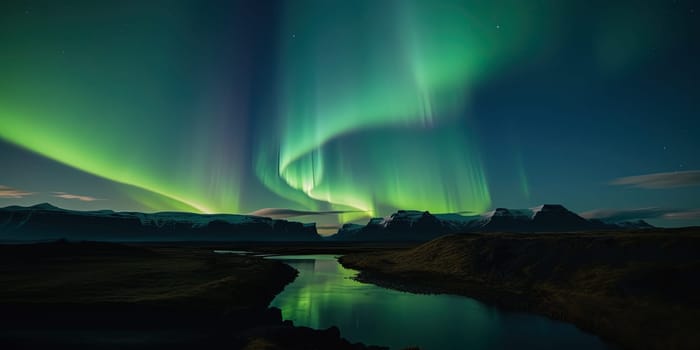 amazing scene of Aurora Northern Lights in the night sky near the Arctic Circle, generative AI