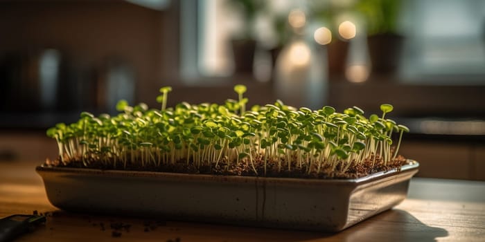 Growing micro green sprouts in glass container on a table in the kitchen