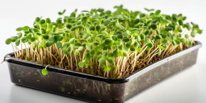 Growing micro green sprouts in plastic container isolated on white, close up view