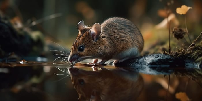 Grey Wild Mouse Drinks Water Form The Puddle In The Forest, Animal In Natural Habitat