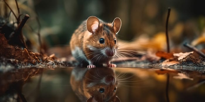 Grey Wild Mouse Drinks Water Form The Puddle In Autumn Forest, Animal In Natural Habitat