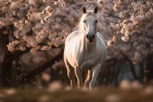 Horse Charges Against A Backdrop Of Blooming Cherry Blossoms