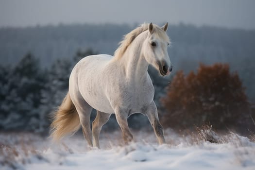 Regal Horse Galloping Through A Snow-Covered Landscape, Its Breath Forming Misty Clouds In The Crisp Winter Air