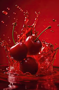 Fresh Cherry With Drops And Splashes Of Juice On A Red Background