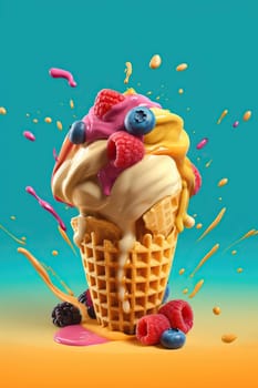 Illustration Delicious Colorful Sweet Ice Cream In Waffle Cups On Pastel Background