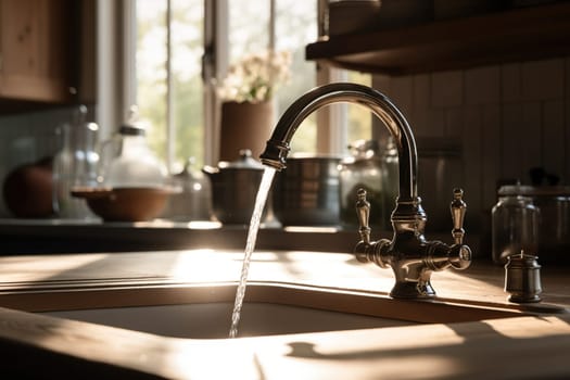 Fresh Morning Scene With Water Flowing From A Kitchen Faucet, Creating A Serene Atmosphere In A Well-Lit Kitchen