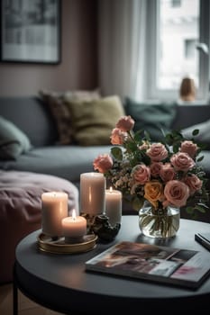 Morning Serenity In A Chic Living Room, Featuring A Round Magazine Table With An Elegant Arrangement Of Flowers And Candles On A Blurred Background