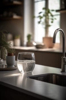 Morning Serenity In The Kitchen, Captured As Water Cascades Smoothly From The Tap, Enveloping The Space In A Calm And Refreshing Ambiance
