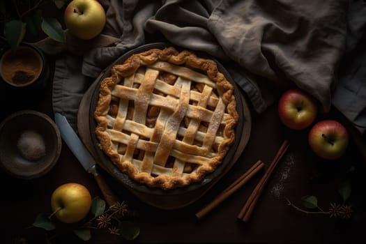 Delicious Traditional Apple Pie With Fresh Apples On A Table, Top View